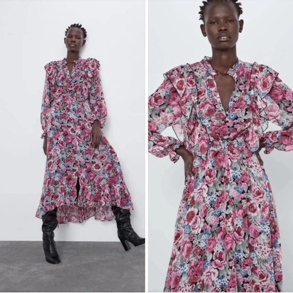 Zara Women’s Floral long sleeve Long Lined Dress Size M - Picture 14 of 16